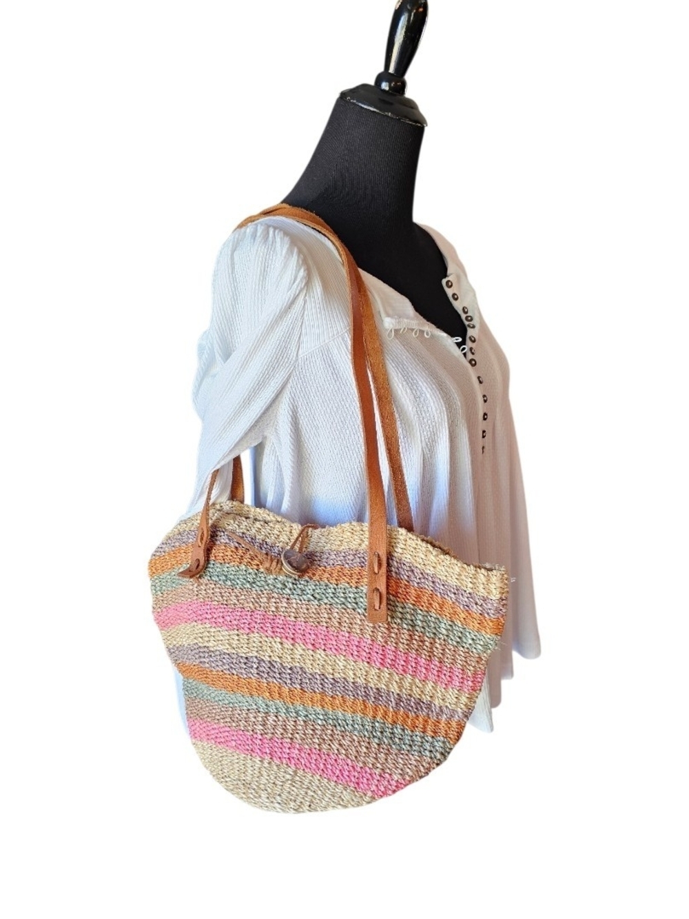 Boho Woven Straw Raffia Style Tote Bag Cottagecore Coastal Market Purse